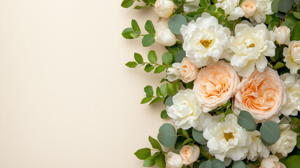 Elegant Floral Arrangement Of White And Peach Roses With Green Leaves On A Cream Textured Background