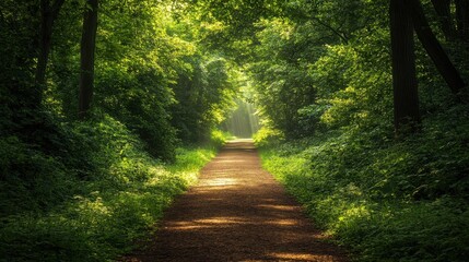 Obraz premium Forest path illuminated by sunlight, inviting tranquility