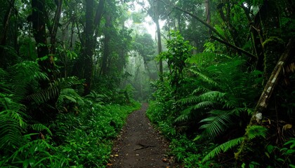 Fototapeta premium Misty Rainforest Trail Lush Green Canopy and Path Through Jungle