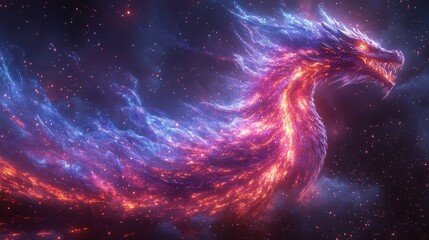 A captivating cosmic dragon swirling through the galaxy, with vibrant colors and ethereal flames illuminating the starry backdrop