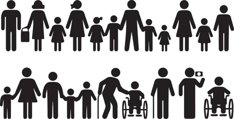 Simple Black and White Family Icons Showing Different Generations