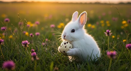 Fototapeta premium White Rabbit with Easter Egg in a Meadow