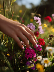 Fototapeta premium Graceful hand reaching for vibrant wildflowers in a sunlit meadow during a peaceful spring afternoon