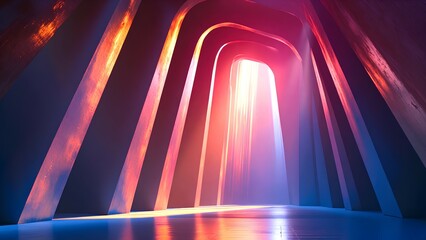Futuristic arched hallway illuminated by vibrant pink and blue lights, with sunlight streaming through an opening at the end.