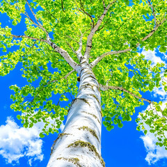Fototapeta premium Birch tree, spring leaves, blue sky, clouds, nature background, ideal for environmental themes