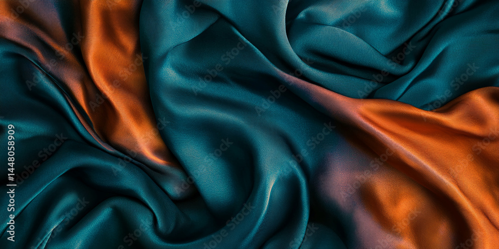 Poster teal and orange fabric texture, soft waves and folds create elegant drape, showcasing luxurious, smo
