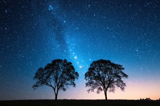 Majestic trees silhouetted against vibrant starry night sky