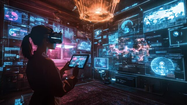 Person wearing vr headset interacting with holographic displays