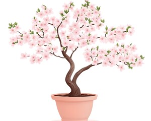 A delicate, flowering bonsai tree in a light pink pot, showcasing its intricate branches and numerous light pink blossoms