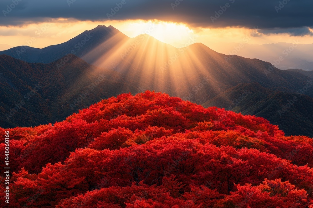 Poster golden sun rays filtering through fiery red autumn forest