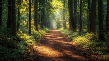 Forest pathway illuminated by sunlight filtering through trees
