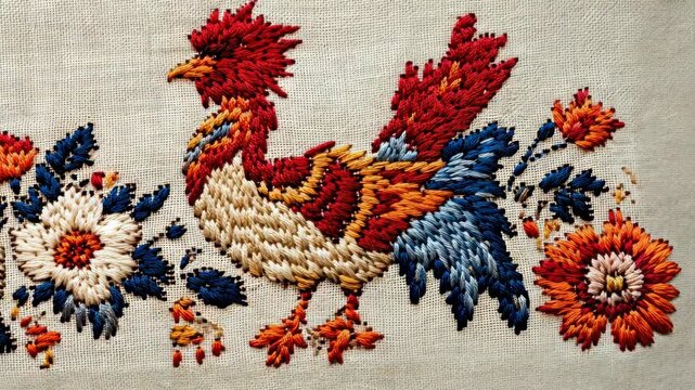 Colorful rooster embroidery animation: detailed stitching and vivid floral designs