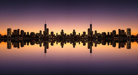 City Skyline Reflection at Dusk with Water and Orange Sky