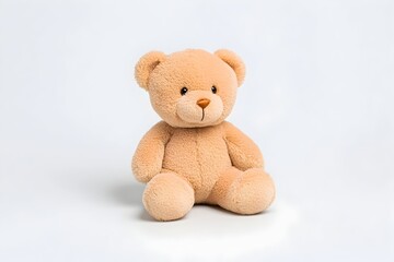 Obraz premium A light brown plush teddy bear sits on a white background It has simple stitched features and soft fur