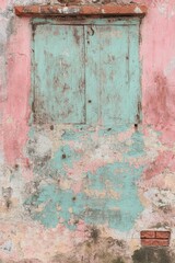 Aged pastel-hued window on weathered wall