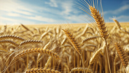 Golden wheat field reaching maturity under a bright blue sky in summer