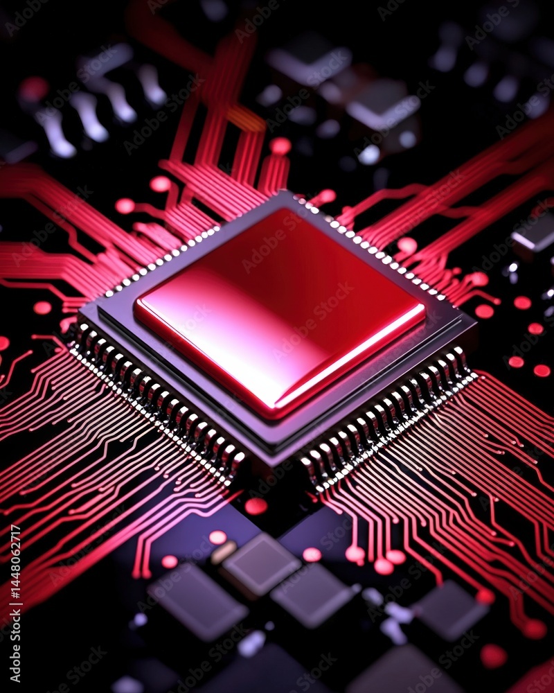 Poster a red cpu chip positioned on a black background highlighting the intricacies of computer technology