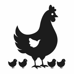 Black silhouette of a chicken with chicks. Icon of a farm bird, Vector illustration
