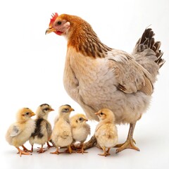 A hen stands with many chicks