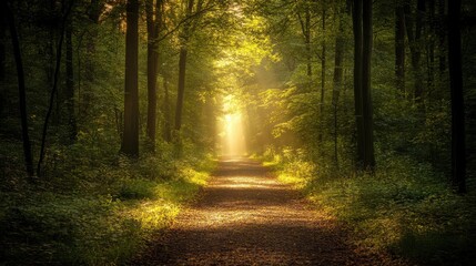 Fototapeta premium Forest pathway illuminated by sunlight filtering through trees