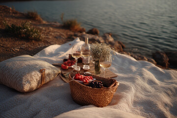 Obraz premium Relaxing picnic by the serene lakeside with wine, fresh fruits, and cozy cushions at sunset