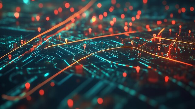Abstract Futuristic Cityscape Map Navigation Technology Digital Network Orange Teal Glowing Lines Points Location Tracking Smart City Modern Design Background Illustration gps data