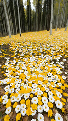 Obraz premium Autumnal aspen grove with carpet of white and yellow wildflowers. Ideal for nature, travel, and autumnal themed projects
