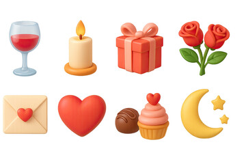 Romantic and celebration 3d icon set &ndash; love, gifting, and celebration symbols for special occasions: wine glass, candle, gift box, roses, love letter, heart, chocolate, cupcake, moon.