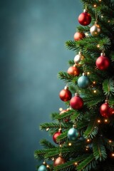 Decorated Christmas tree with ornaments hanging from branches, Christmas, New Year, Holiday