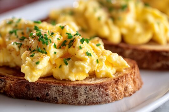 Scrumptious scrambled eggs on toast, topped with fresh chives, ready to be enjoyed.