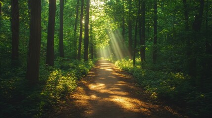 Obraz premium Forest path illuminated by sunlight filtering through trees