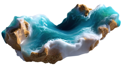 Ocean Wave Fantasy: An artistic, close-up depiction of the sea with white-tipped waves crashing against the coastal rocks, with the perfect balance of shades of blue and gold. 