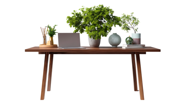 Workspace Serenity: A minimalist desk, adorned with lush plants, evokes a sense of calm and productivity. A modern workstation for focused work, embodying both function and nature. 