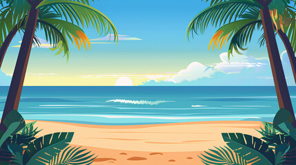 Morning view on the beach, two trees in the foreground