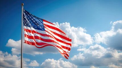 Fototapeta premium American Flag Waves Proudly Under a Bright Blue Sky