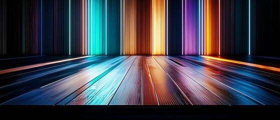 Lighted planks on glossy floor reflect vibrant colored stripes in a dark room