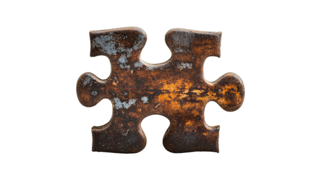 Misaligned puzzle pieces floating within conflicting data visuals, on a transparent backgrounds