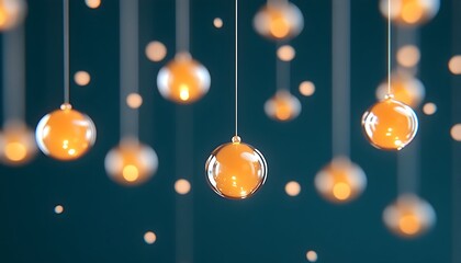 Glowing translucent spheres hang from thin strings against a deep teal background, creating a festive and ethereal atmosphere