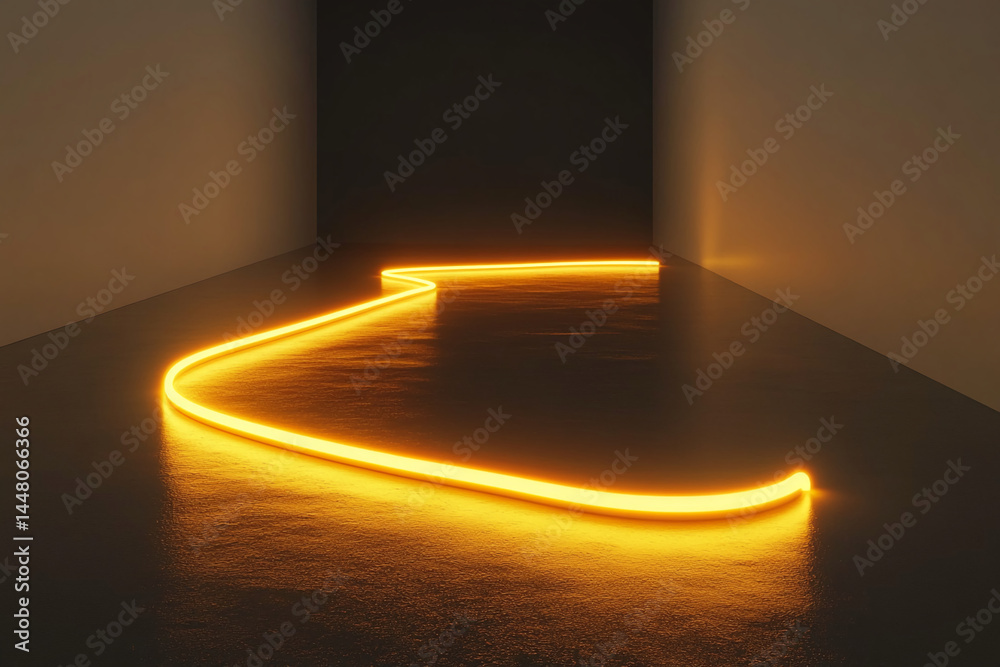Aufkleber amber neon light traces a flowing path on dark floor, creating a minimalist, modern showcase ideal f
