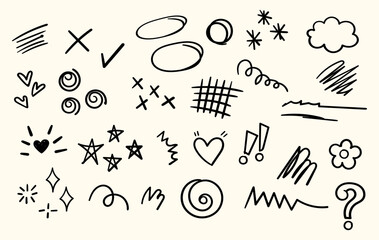 set of cute element childern's hand-drawn style, scribble doodle illustration with brush stroke, set of sign and symbol, car, animal, bus, tree, airplane, sun, moon, fruits, book, pencil