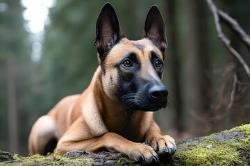Obraz premium A serene and focused Belgian Malinois dog resting on a mossy log in a lush forest, capturing the essence of nature and companionship.