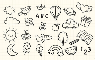 set of cute element childern's hand-drawn style, scribble doodle illustration with brush stroke, set of sign and symbol, car, animal, bus, tree, airplane, sun, moon, fruits, book, pencil
