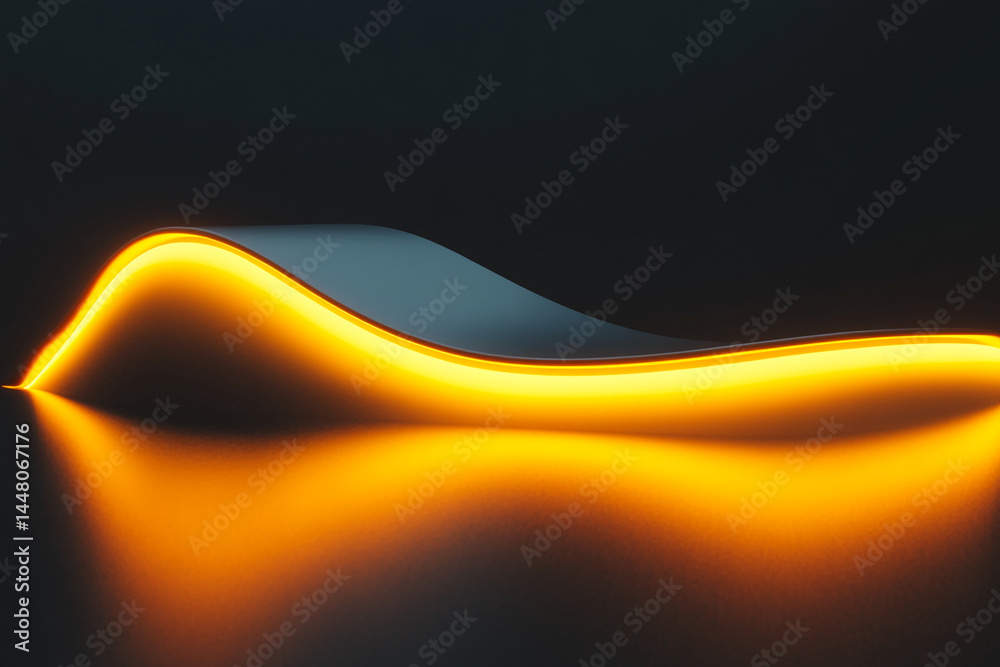 Poster curved, light gray surface with warm orange neon light underneath, creating a smooth, glowing showca