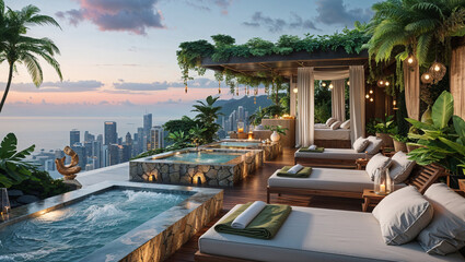 Fototapeta premium Luxurious rooftop spa with city skyline view featuring jacuzzis and relaxation lounges