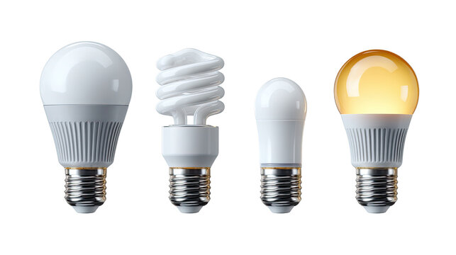 Energy Efficient Light Bulbs: A close-up shot of a group of four light bulbs, showcasing the progression of energy efficiency, with one bulb illuminating.