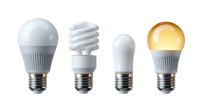 Energy Efficient Light Bulbs: A close-up shot of a group of four light bulbs, showcasing the progression of energy efficiency, with one bulb illuminating.
