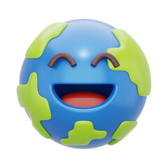 Fun and Cute 3D Earth Icon with Smiling Face and Green Geographical Areas