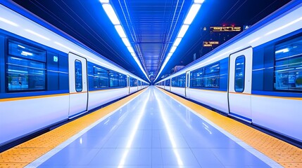 Fototapeta premium Modern subway platform at night, illuminated by vibrant blue lights, with two trains at the station