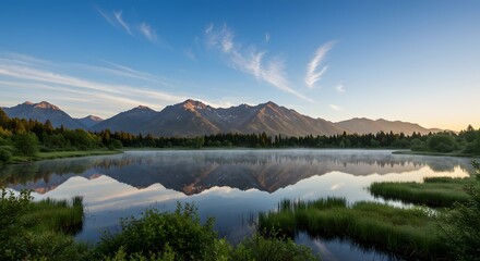 Natural landscape with mountains and lake at sunrise
