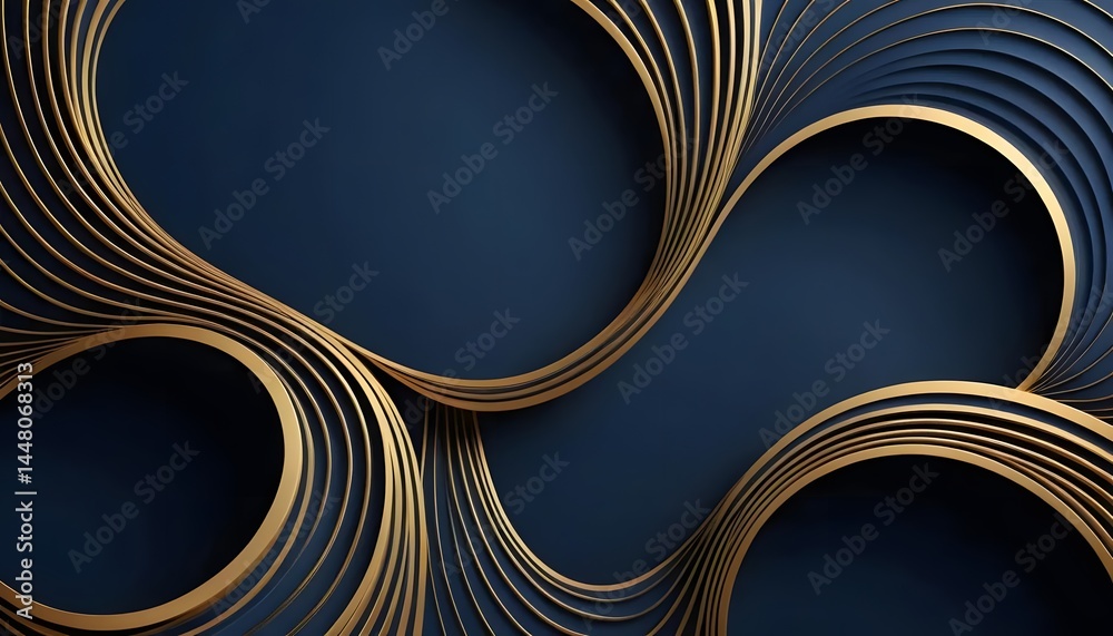 Poster a dark blue background with golden curved lines forming abstract circular shapes pattern design elem